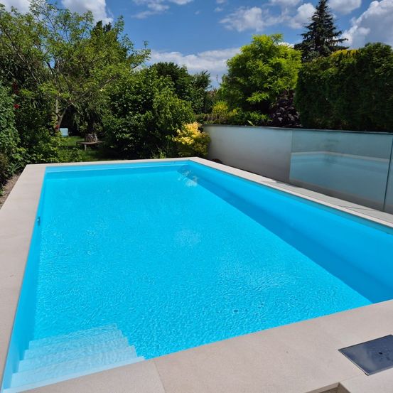 Ein klarer, rechteckiger Swimmingpool mit Wasser, umgeben von einer Betoneinfassung, in einem Außengarten mit Bäumen und Sträuchern.