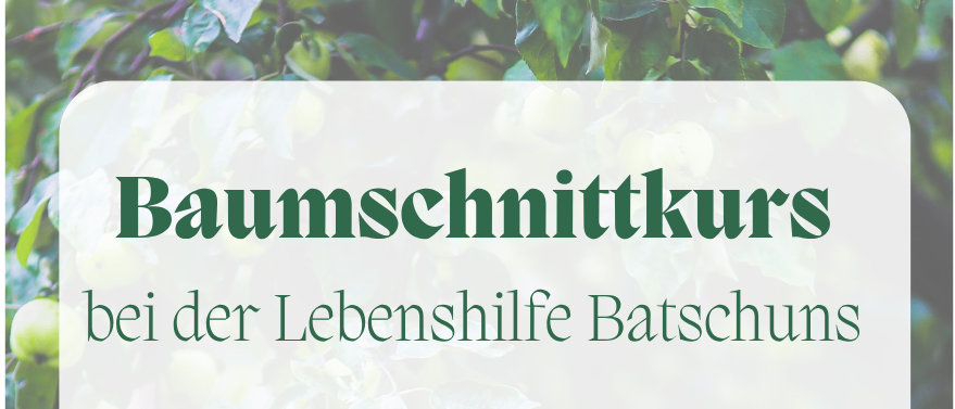 Veranstaltung: Baumschnittkurs bei der Lebenshilfe Batschuns. Datum: Freitag, 27.03.2026, 16:00 Uhr. Ort: Lebenshilfe Batschuns. Leitung: Marianne Scheidbach. Kontakt per E-Mail an zwischenwasser@ogv.at oder telefonisch bei Thomas Kathan unter +43 680 503 62 11.