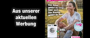 Werbung für eine Waschmaschine mit einer lächelnden Frau mit Schmutz an den Armen und einem Preis von 699 Euro. Gültig bis 19.04.2026.