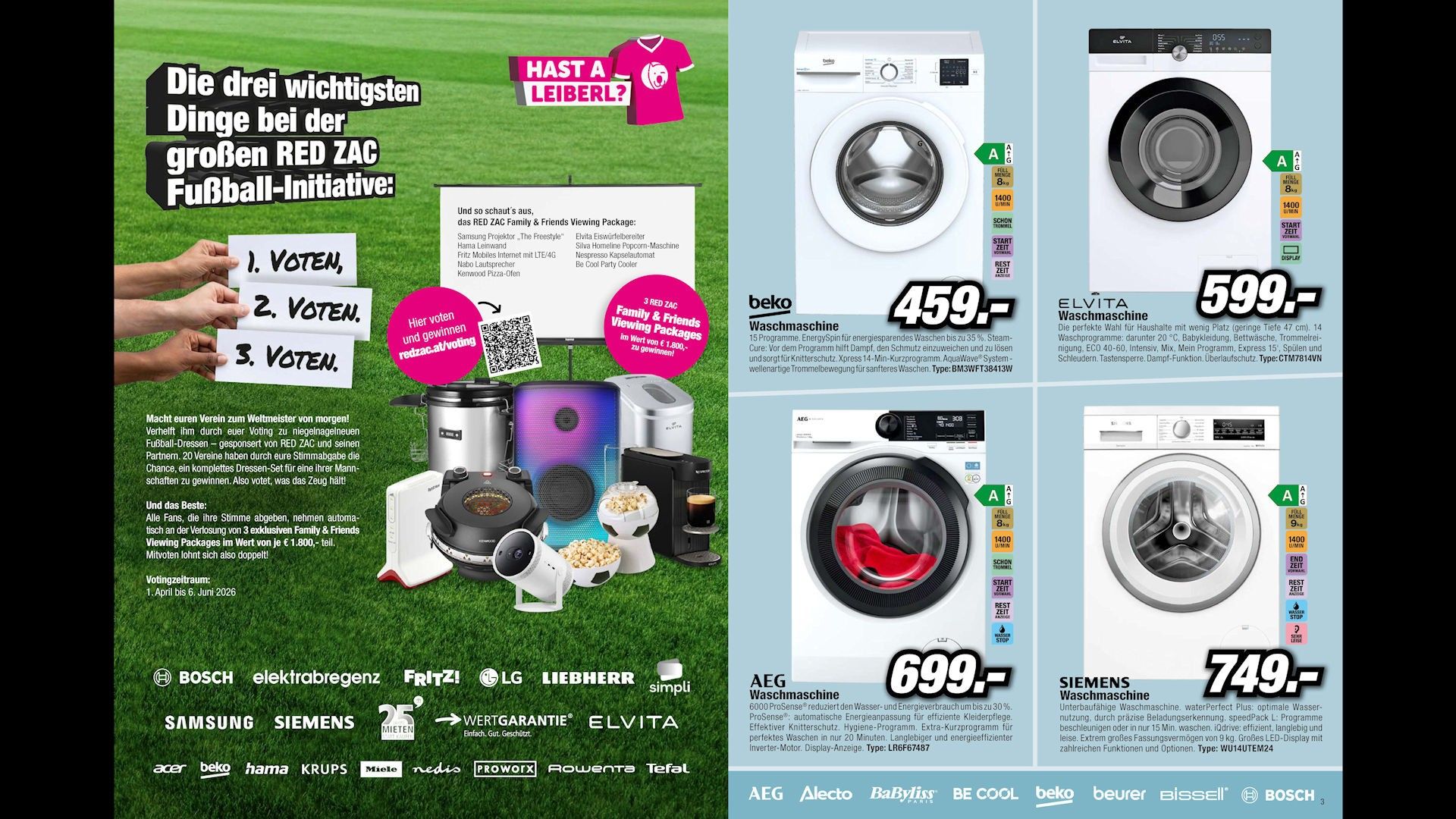 Werbung für Waschmaschinen und Familienpakete. Beko und AEG Modelle sind vorgestellt mit Preisschildern von 459 und 699. Die Pakete beinhalten eine Auswahl an Haushaltsgeräten.
