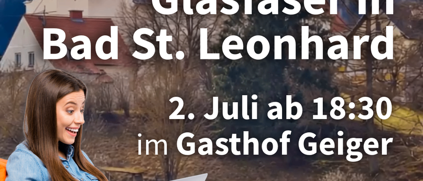 Ein Poster mit einer lächelnden Frau auf einer Sitzsack, die einen Laptop benutzt. Der Text lautet: 'Kostenloser Infoabend, Glasbläser in Bad St. Leonhard, 2. Juli ab 18:30 Uhr im Gasthof Geiger.'