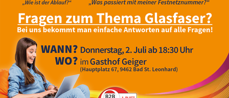 Eine Frau nutzt einen Laptop in einem orangefarbenen Beanbag-Sessel. Der Text handelt von Fragen zum Glasfaser-Internet, mit einem Komplettanbieter mit über 25 Jahren Erfahrung. Ein Event findet am 2. Juli um 18:30 Uhr im Gasthof Geiger statt.