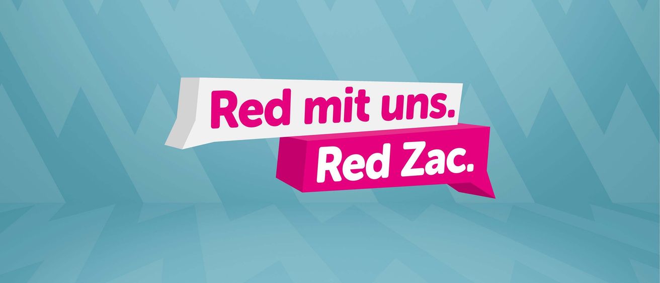 Ein rosa und weißes Schild mit dem Text 'Red mit uns.' und darunter 'Red Zac.' auf blauem Hintergrund. Die Worte sind in verschiedenen Schriftarten.