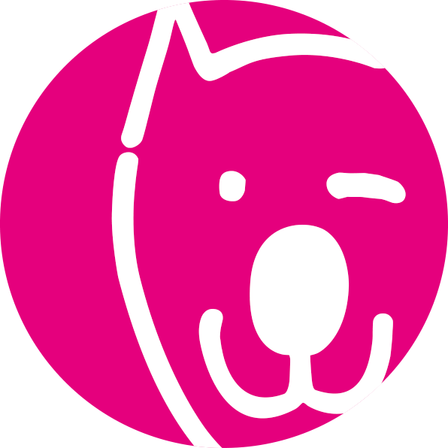 Ein rosafarbenes kreisförmiges Logo zeigt ein weißes Hundegesicht mit traurigem Ausdruck, weißen Augen und einer schwarzen Nase.