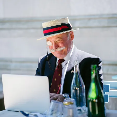 Tie, Adult, Male, Man, Person, Hat, Laptop, Captain, Cup, Chair