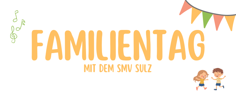 Ein Poster für den Familientag mit Musiknoten und bunten Flaggen im Hintergrund. Zwei Kinder laufen im Vordergrund, und der Text ist in fetten gelben Buchstaben geschrieben.