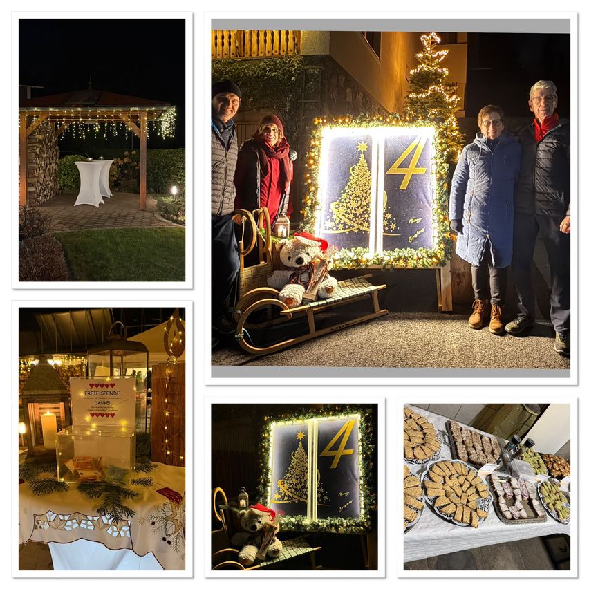 Eine Collage aus vier Fotos zeigt Menschen in Winterszenen. Ein Foto zeigt ein Pavillon mit Lichtern, ein anderes einen Schlitten mit einem Teddybär, einen Weihnachtsbaum mit einem beleuchteten Schild und einen Tisch mit Desserts.