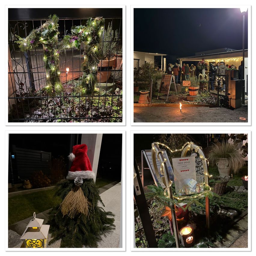 Four images of a Christmas-themed garden show at night. The first shows a fence decorated with lights and greenery. The second shows a building with people standing outside. The third has a tree with a Santa hat and a lantern. The fourth has a wreath with lights and a donation box.
