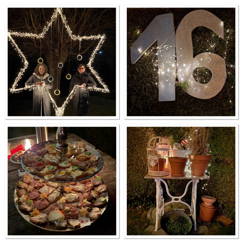 Eine Collage aus vier Bildern: zwei Frauen unter einem Stern, die Nummer 16, ein Tisch mit Essen und ein Tisch mit Pflanzen.