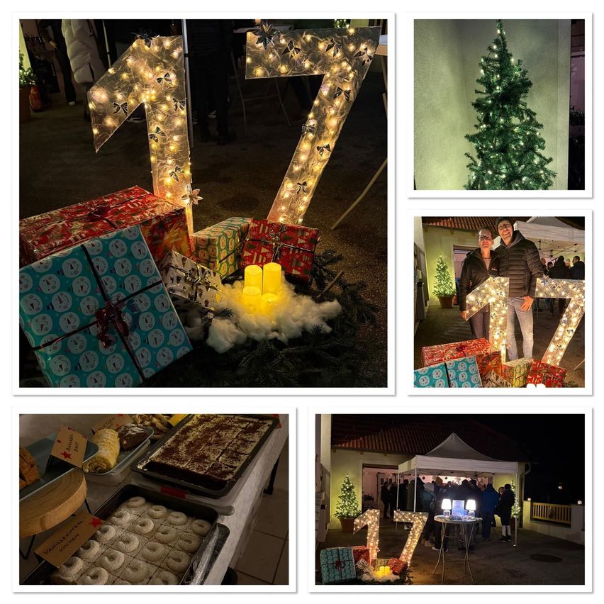 Eine Collage von Bildern, die eine große Nummer 17, verpackte Geschenke, einen Weihnachtsbaum, einen Tisch mit Desserts und eine Menschenmenge um ein Zelt zeigen.