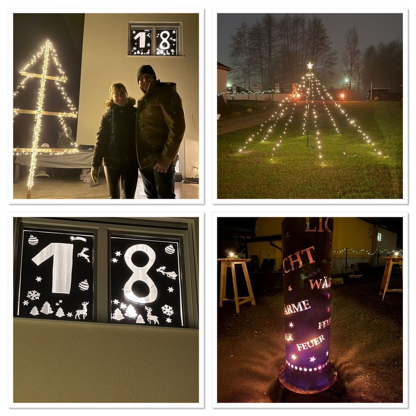 Eine Collage von Fotos mit einem Paar vor einem Weihnachtsbaum, einem beleuchteten Weihnachtsbaum auf einem Feld, einem Fenster mit einem Datum und einem beleuchteten Pfahl.