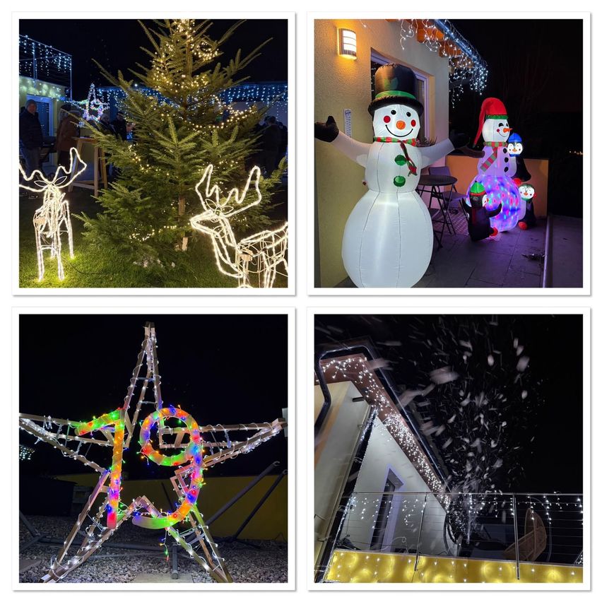 Vier Bilder zeigen festliche Dekorationen bei Nacht. Das erste zeigt einen Weihnachtsbaum und Rentiere. Das zweite zeigt einen Schneemann und eine Schneefamilie. Das dritte zeigt einen Stern mit '19'. Das vierte zeigt Schneeflocken, die auf ein Haus fallen.