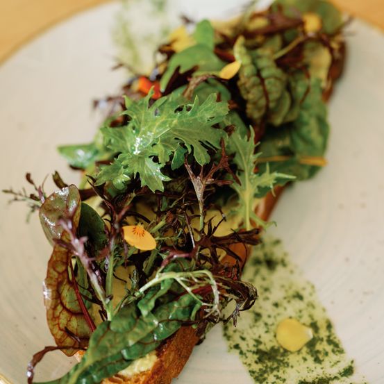 Bild enthält, Food, Food Presentation, Arugula, Leafy Green Vegetable, Plant, Produce, Vegetable, Seasoning, Plate, Bread