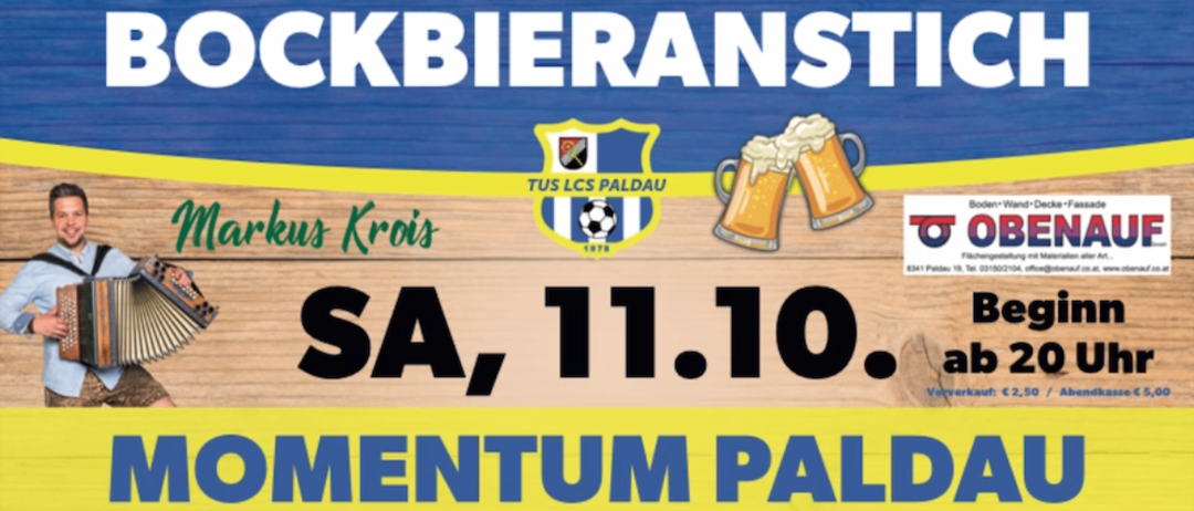 Werbeposter für Bockbieranstisch bei Tus Lcs Paldau, mit einem Mann, der Akkordeon spielt, zwei Biergläsern und einer Uhr, die 11.10 anzeigt. Die Veranstaltung beginnt am Samstag, den 11. Oktober um 20 Uhr.