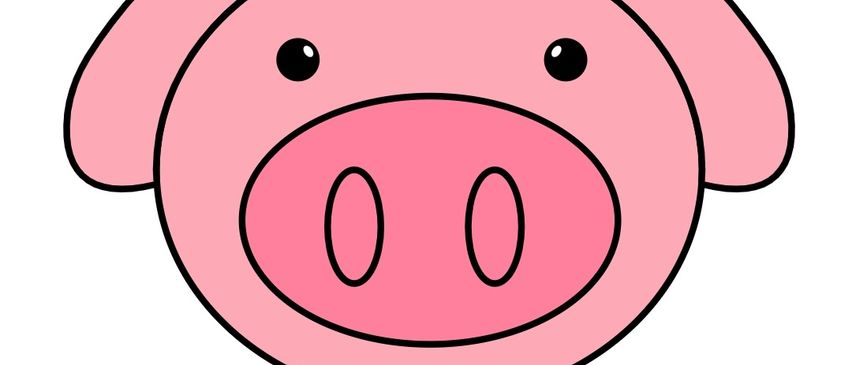 Ein Cartoon-Schwein mit einem lächelnden Gesicht und zwei kleinen Ohren auf seinem Kopf.