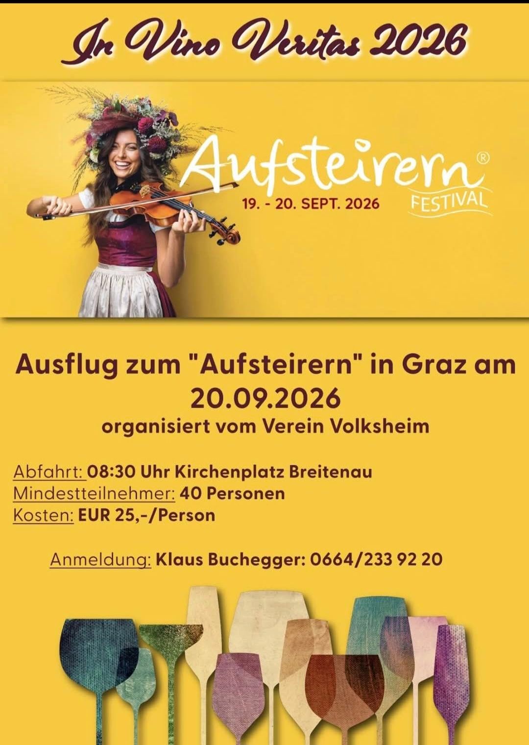 Poster for Aufsteirern Festival, featuring a woman playing violin. Scheduled for 19-20 September 2026, organized by Volksheim. Departure at 8:30 am from Breitenau. Minimum 40 participants required, cost EUR 25 per person. Contact Klaus Buchegger at 0664/2339220 for registration.