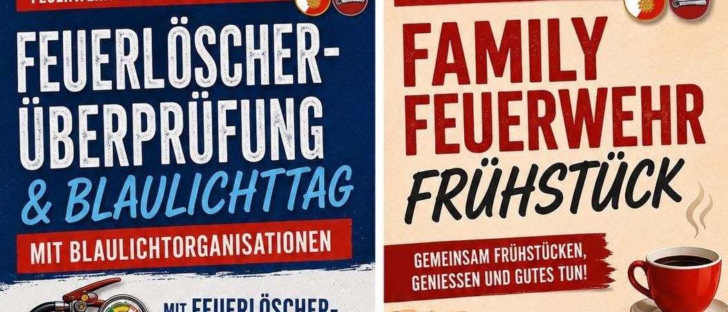 Plakat zeigt einen Feuerlöscher, einen Feuerwehrwagen und ein Polizeifahrzeug. Es enthält ein Frühstücksbuffet mit Eiern, Brot und Fleisch. Es ist eine Einladung zu einem Frühstücksevent mit Feuerwehr und Polizei.
