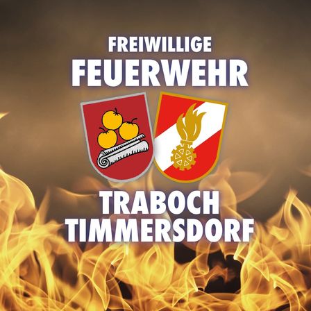 Logo der Freiwilligen Feuerwehr Traboch Timmersdor mit einem Feuer und zwei Emblemen auf einem feuerroten Hintergrund.