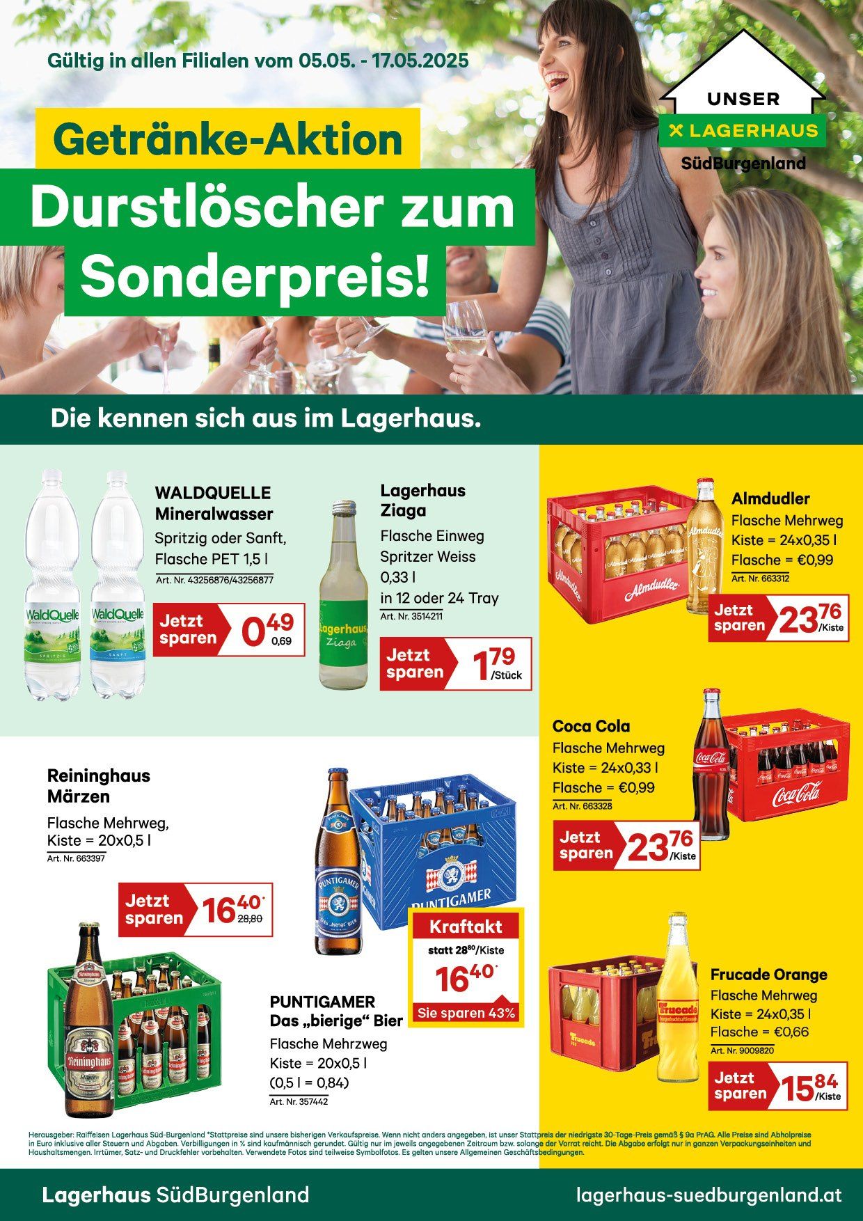 Eine Werbung für Getränke zum Sonderpreis. Verschiedene Flaschen und Dosen werden angezeigt, einschließlich Waldquelle Mineralwasser, Lagerhaus Zlaga, Coca Cola, Reininghaus Märzen und Puntigam Das Bierge. Jedes Produkt hat einen Preis und Rabatt aufgelistet. Die Werbung hebt Einsparungen und Sonderangebote hervor.