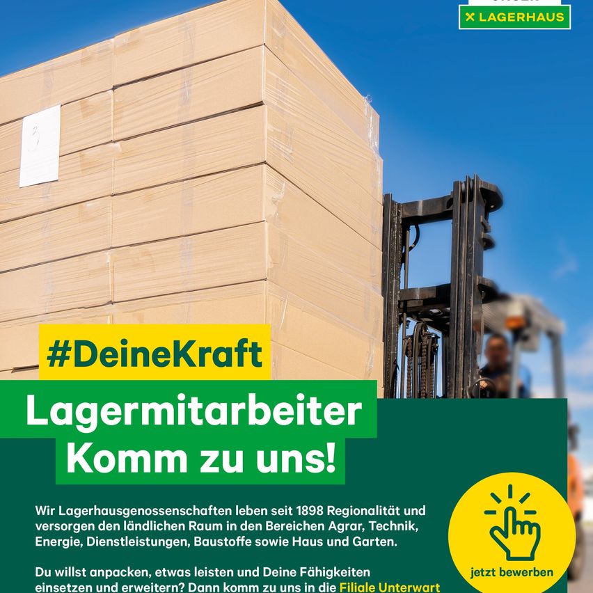 Ein Plakat zeigt einen Gabelstapler neben gestapelten Kisten mit dem Titel '#DeineKraft Lagermitarbeiter Komm zu uns!' Das Plakat bewirbt eine Karrieremöglichkeit im Logistikbereich.