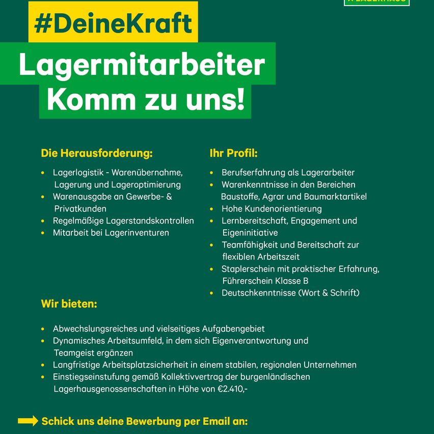 Die Anzeige sucht nach Lagermitarbeitern. Voraussetzungen sind Erfahrung in Logistik, Materialkenntnisse und Kundenorientierung. Vorteile umfassen ein vielfältiges Arbeitsumfeld, Arbeitsplatzsicherheit und einen Tarifvertrag mit einem Einstiegsgehalt von €2.410.