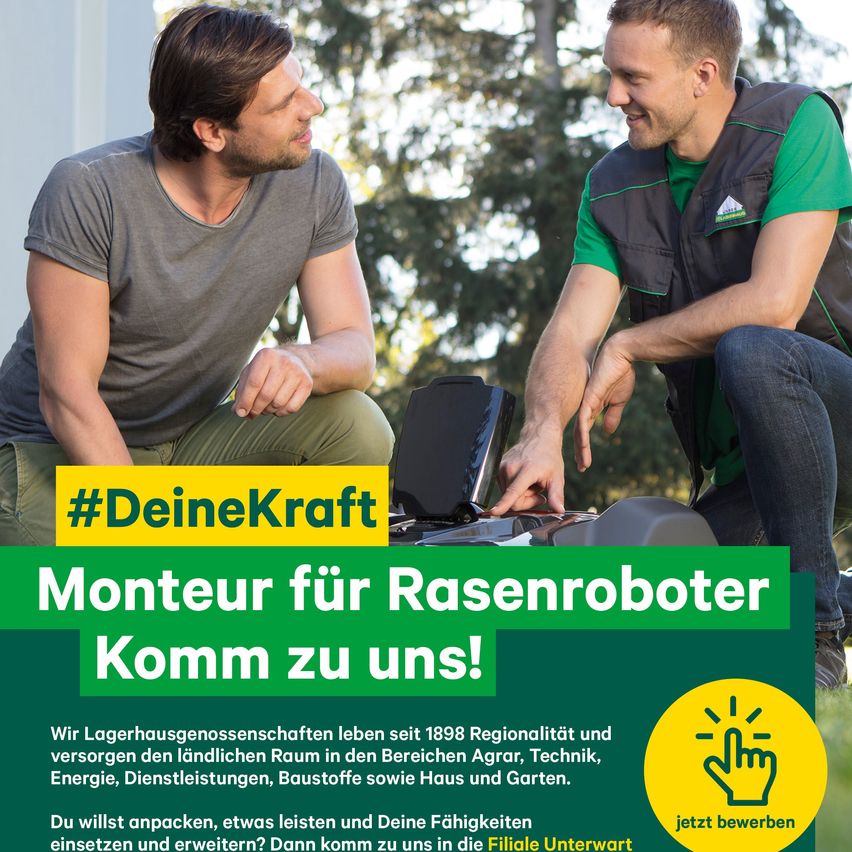 Zwei Männer in Arbeitskleidung, einer kniet und zeigt auf einen Rasenmäher, der andere sitzt und schaut zu ihm. Das Poster hebt eine Stellenangebote für einen Rasenmower-Mechaniker hervor.