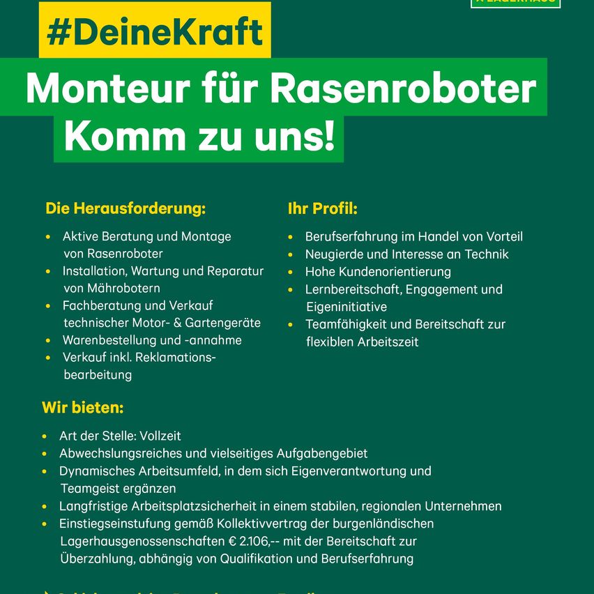 Das Bild zeigt eine Stellenanzeige für eine Position als Techniker für Rasenroboter. Es hebt die Anforderungen, Vorteile und Angebote des Unternehmens hervor. Die Rolle beinhaltet aktive Beratung und Montage von Rasenrobotern, Installation, Wartung und Reparatur von Rasenrobotern. Das Unternehmen bietet Vollzeitbeschäftigung, ein dynamisches Arbeitsumfeld und langfristige Arbeitsplatzsicherheit.