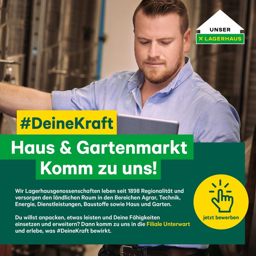 Ein Mann schaut in einer Fabrik auf einen Laptop. Auf dem Bild steht 'Deine Kraft kommt zu uns!'. Das Unternehmen rekrutiert für Positionen in Landwirtschaft, Technik, Energie, Dienstleistungen, Baustoffe sowie Haus und Garten.