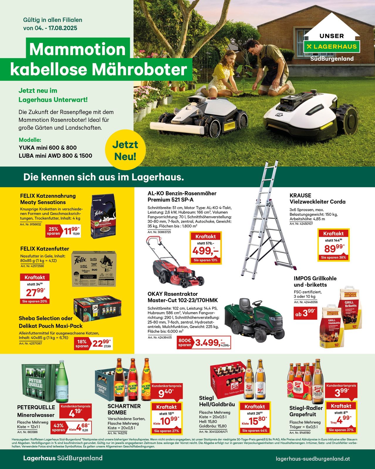 Eine Werbung für kabellose Rasenmäher mit Bildern von Menschen, die sie benutzen. Modelle sind YUKA mini 600 & 800 und LUBA mini AWD 800 & 1500. Preise sind aufgeführt.