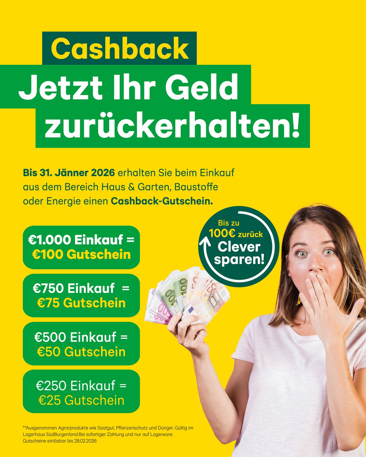 Eine Werbung für ein Cashback-Angebot bis zum 31. Januar 2026. Einkäufe aus den Bereichen Haus & Garten, Baustoffe oder Energie erhalten Cashback-Gutscheine. Beispiele: 1.000 € Einkauf für 100 € Gutschein, 750 € für 75 €, 500 € für 50 € und 250 € für 25 €. Eine überraschte Frau hält Bargeld.