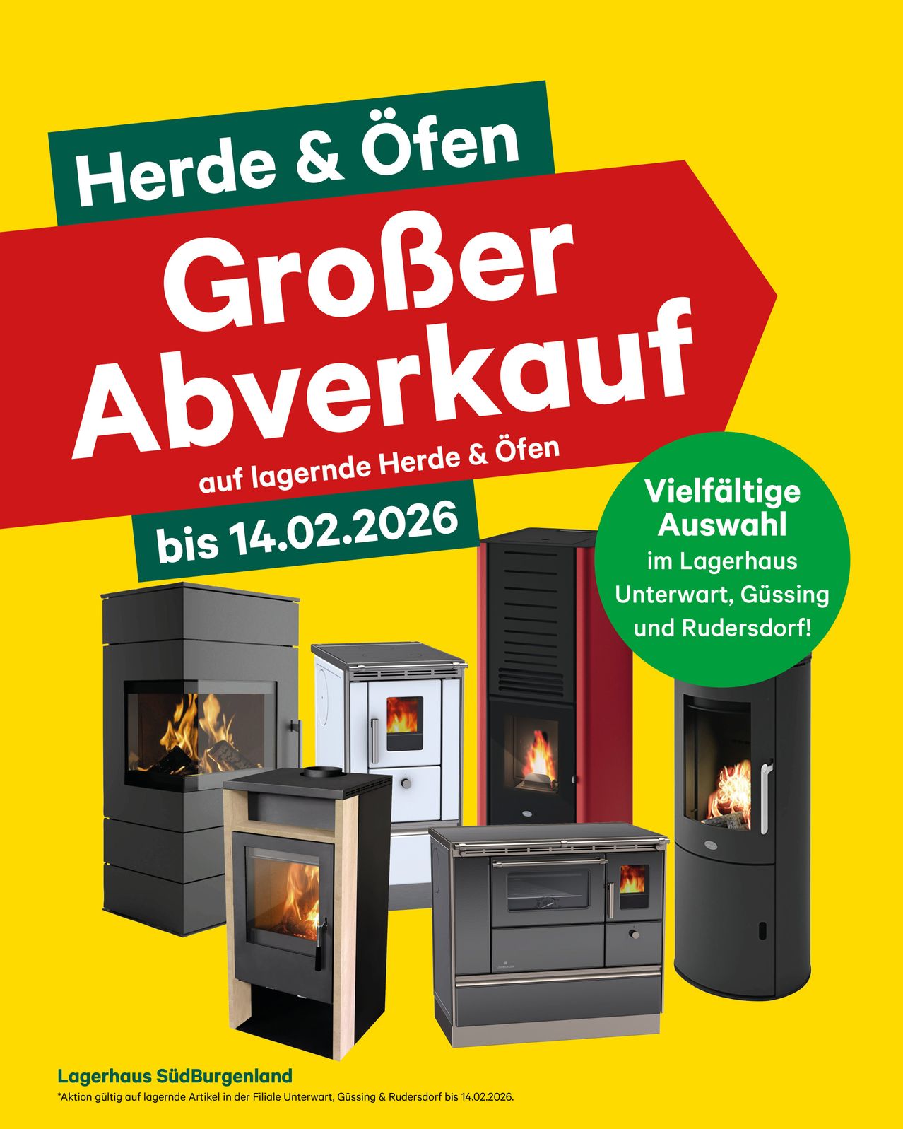 Werbeanzeige für einen großen Verkauf von Kaminen und Öfen, mit mehreren Modellen auf gelbem Hintergrund, gültig bis 14.02.2026.