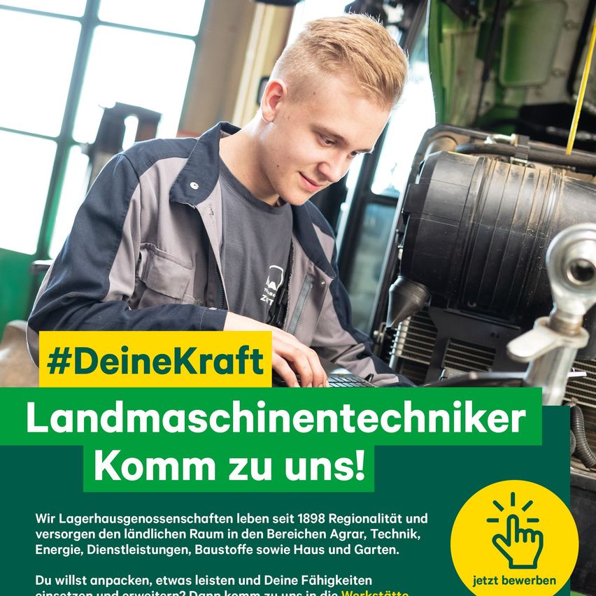An advertisement for Landmaschinentechniker featuring a young man working on a machine. Text highlights the company's regional focus since 1898 and invites individuals to join their team.
