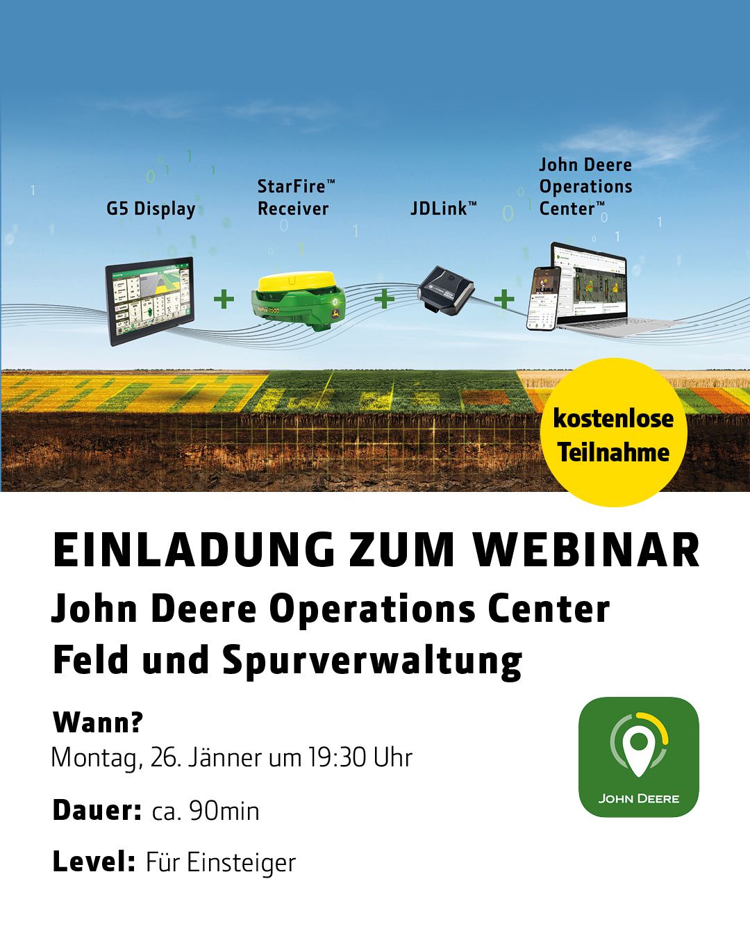 An invitation to a webinar about John Deere Operations Center for field and trail management. It will be held on Monday, January 26th at 19:30, lasting approximately 90 minutes. The webinar is free to join.