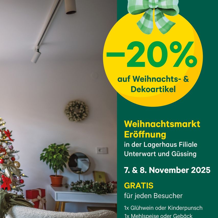 Plakat für einen Weihnachtsmarkt mit 20% Rabatt auf Weihnachts- und Dekorationsartikel. Der Markt öffnet am 7. und 8. November 2025. Gratisgeschenk für jeden Besucher.