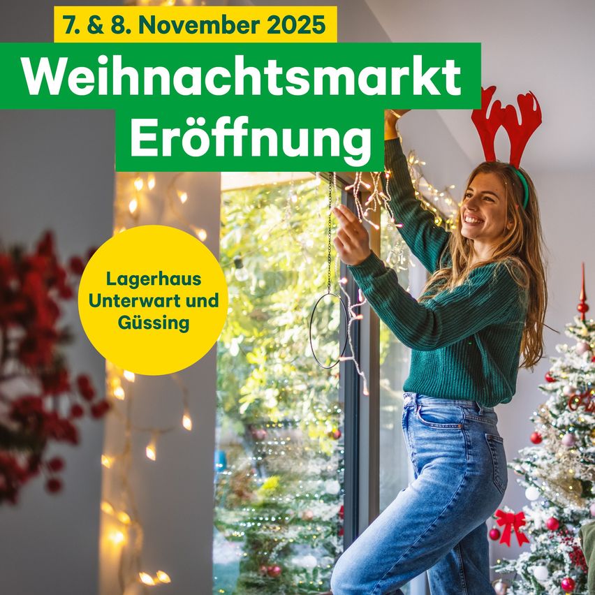 Eine Frau schmückt ein Fenster mit Weihnachtslichtern. Der Text lautet 'Weihnachtsmarkteröffnung 7. & 8. November 2025 Lagerhaus Unterwart und Gußing'.