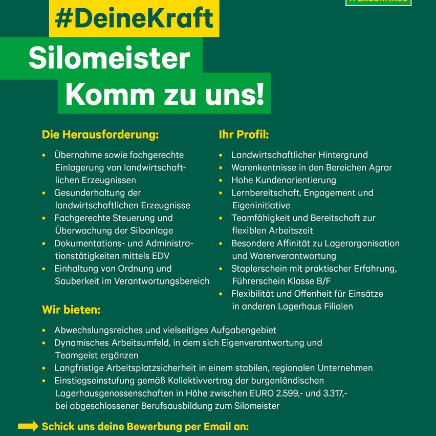 Die Anzeige sucht einen Silomeister für ein dynamisches Arbeitsumfeld. Anforderungen umfassen landwirtschaftlichen Hintergrund, Erfahrung in der Handhabung landwirtschaftlicher Erzeugnisse und Kenntnisse in Silomanagement und Dokumentation. Vorteile sind ein stabiles Unternehmen, regionale Vorteile und ein wettbewerbsfähiges Gehalt. Senden Sie Ihre Bewerbung per E-Mail.