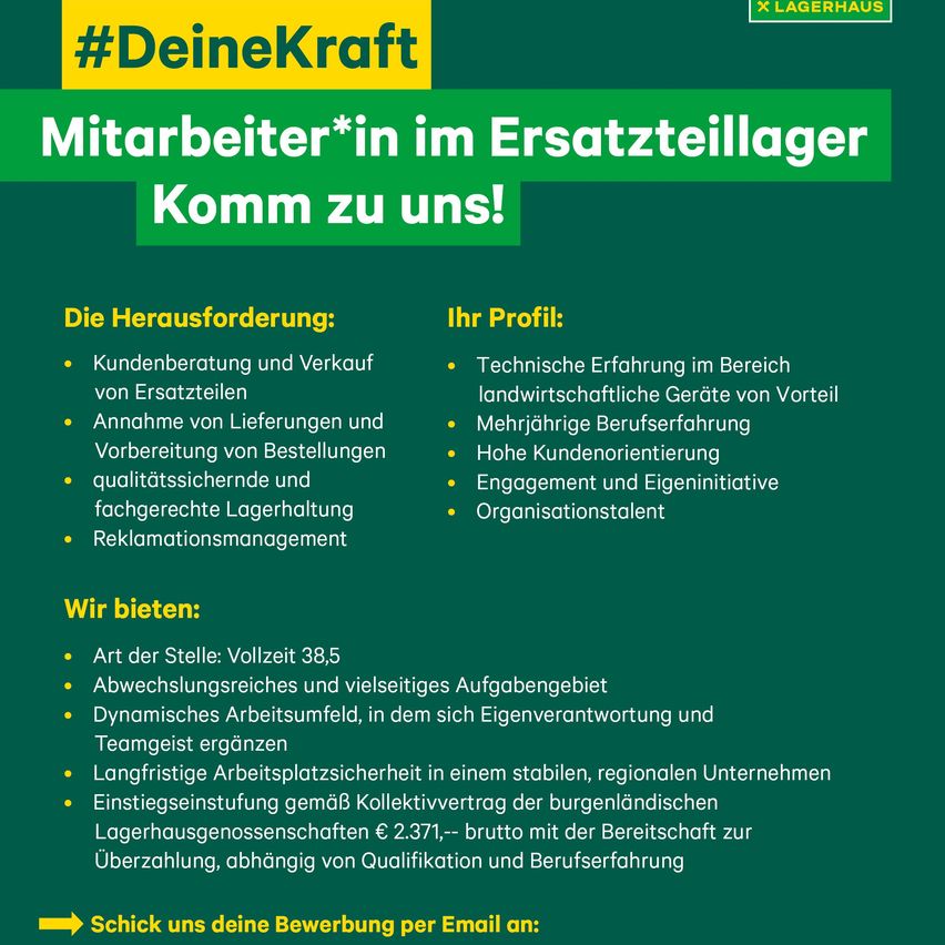 Eine Anzeige für ein Ersatzteillager sucht Mitarbeiter. Es listet Anforderungen und Vorteile auf. Zu den Anforderungen gehören Kundenservice, Verkauf von Ersatzteilen, Abwicklung von Lieferungen und Qualitätsmanagement. Gewünschte Qualifikationen sind technisches Fachwissen, Erfahrung, Kundenorientierung, Engagement und organisatorische Fähigkeiten. Zu den Vorteilen gehören Vollzeitstelle, Schichtarbeit, dynamisches Arbeitsumfeld, langfristige Arbeitsplatzsicherheit und Mitgliedschaft in einer Tarifvereinbarung.