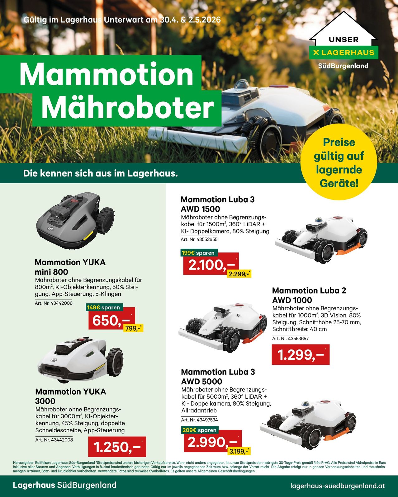 Die Anzeige zeigt Rasenmäher mit verschiedenen Spezifikationen. 'Mammotion Luba 3' kostet 1.299 Euro. 'Mammotion YUKA mini 800' kostet 650 Euro. 'Mammotion Luba 2' kostet 2.100 Euro. 'Mammotion YUKA 3000' kostet 1.250 Euro.