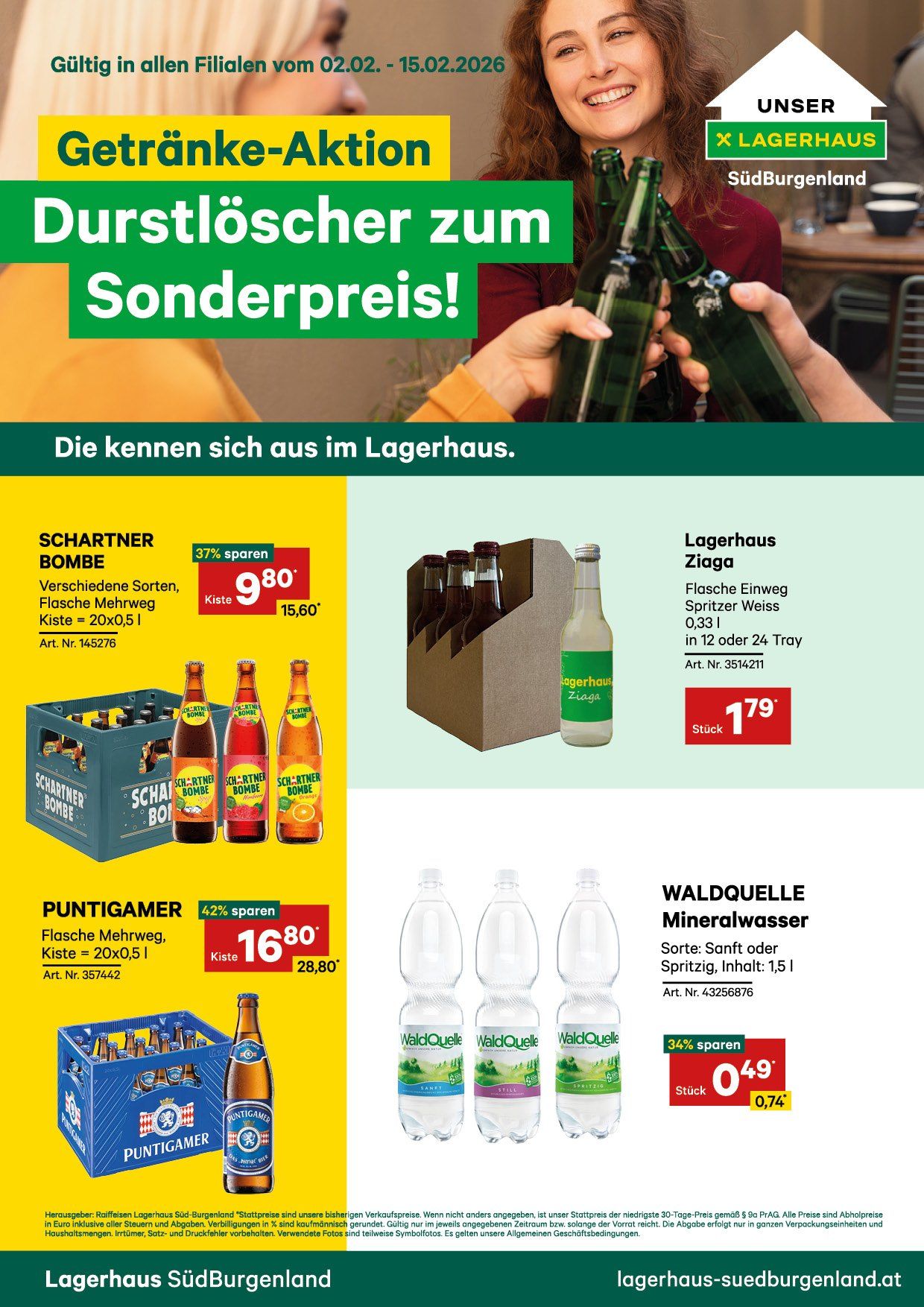 Werbung fur Getranke mit verschiedenen Flaschen und Dosen, darunter ein Bierkasten, Mineralwasserflaschen und eine Weinflasche. Das Angebot beinhaltet Rabatte fur bestimmte Produkte.