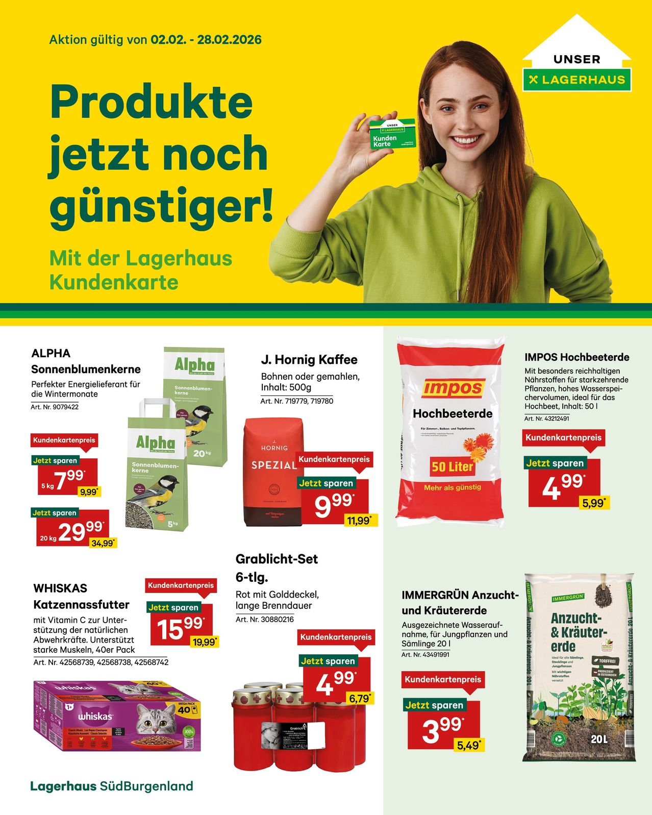 Eine Werbung für Lagerhaus mit einer Frau, die eine grüne Karte hält. Es zeigt Produkte wie Alpha Sonnenblumenkerne, J. Hornig Kaffee und IMPOS hochwertige Rübensamen. Es beinhaltet auch Rabatte auf eine Katzenfuttermarke und eine Gießkanne.