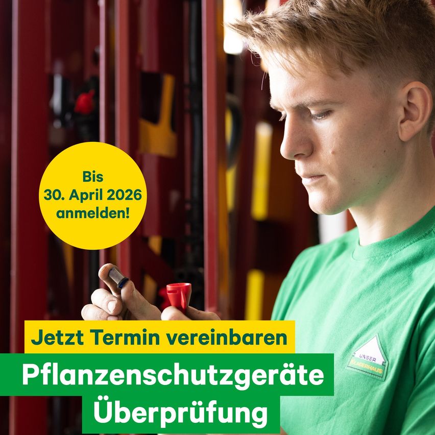 A young man in a green shirt is checking a red plant protection device. The poster in the background advertises plant protection equipment inspection until April 30, 2026.