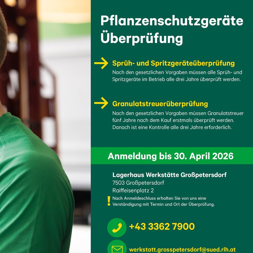 An advertisement for plant protection equipment inspection. It outlines inspection requirements for spray and sprinkler devices, and granular spreaders. Registration is open until April 30, 2026.