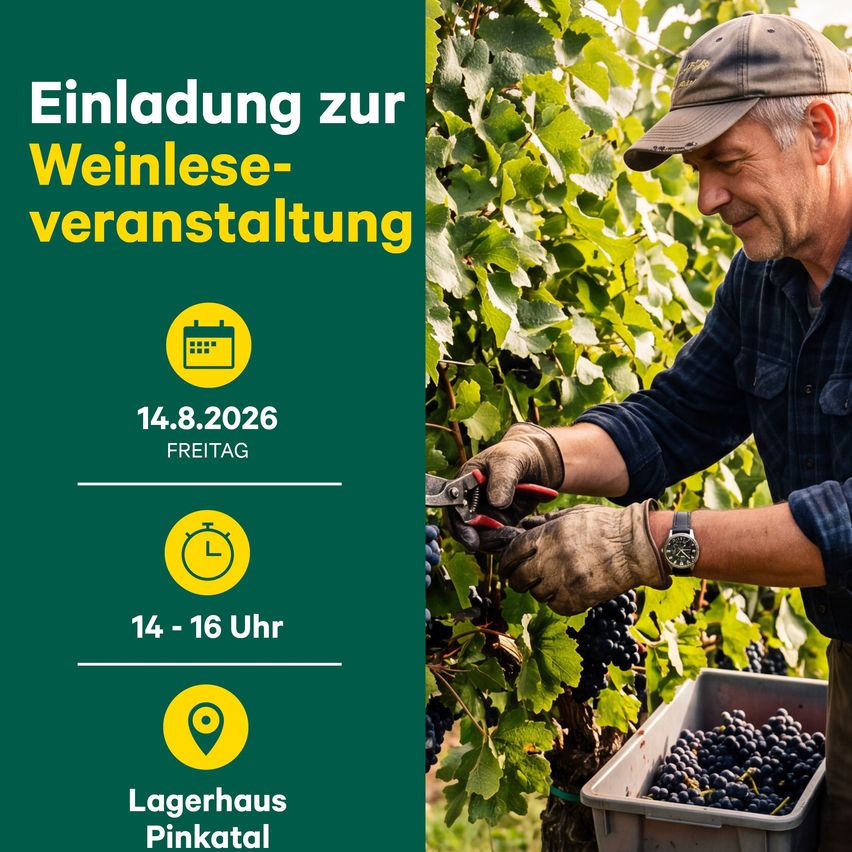Ein Mann mit Hut und Handschuhen pflückt Trauben von einer Rebe. Das Bild ist ein Plakat für eine Weinveranstaltung mit Angaben zu Datum, Uhrzeit und Ort.