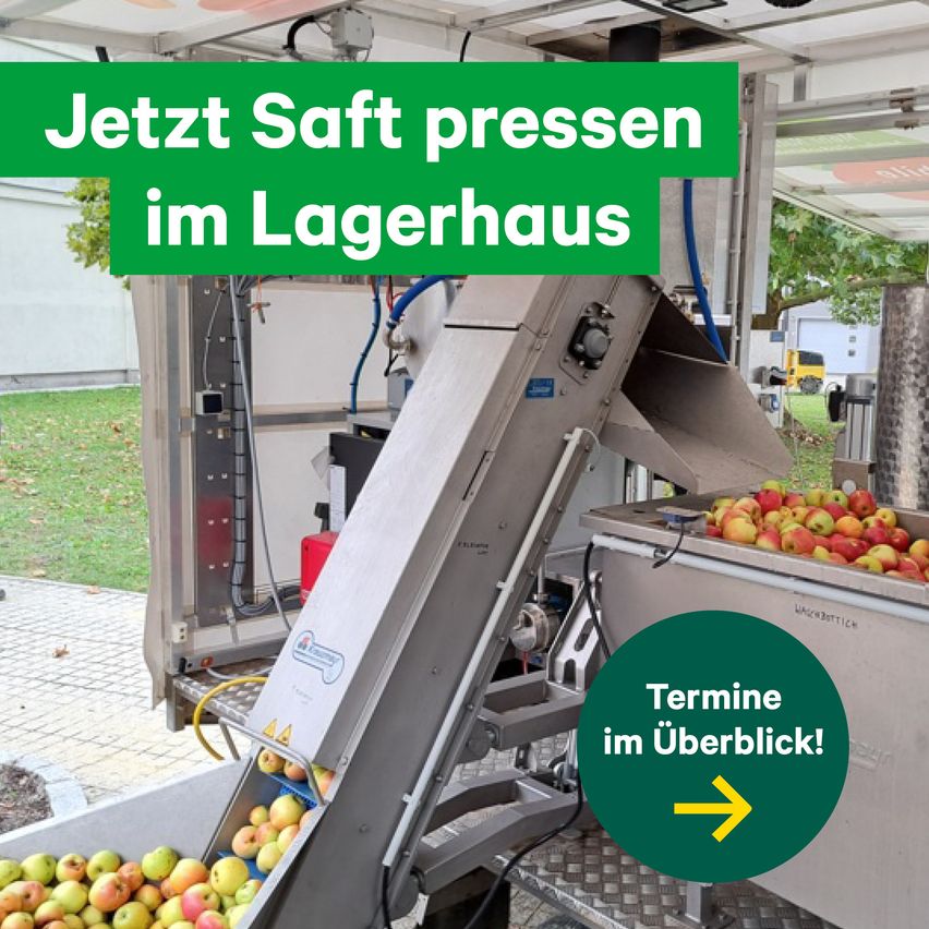 An apple processing facility with apples being sorted and processed through a conveyor belt system. The text overlay reads 'Jetzt Saft pressen im Lagerhaus' and 'Termine im Uberblick!'.