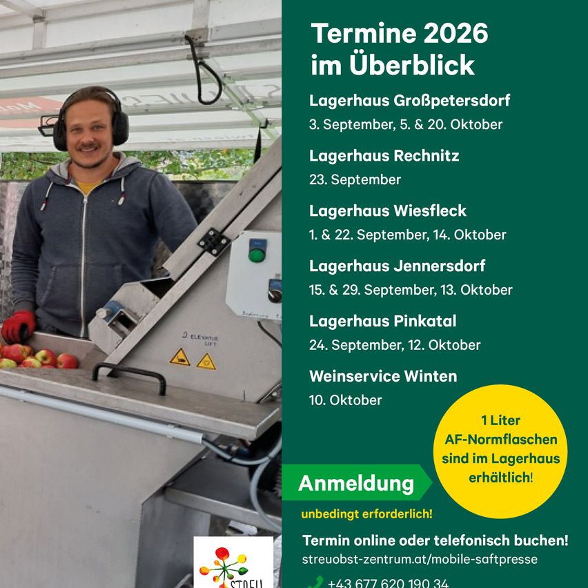 A man in a gray hoodie and headphones is standing in front of a machine, possibly a fruit sorting machine, with apples in a container. The machine has a green button and a yellow sticker. The background is green with text about wine service dates and locations.
