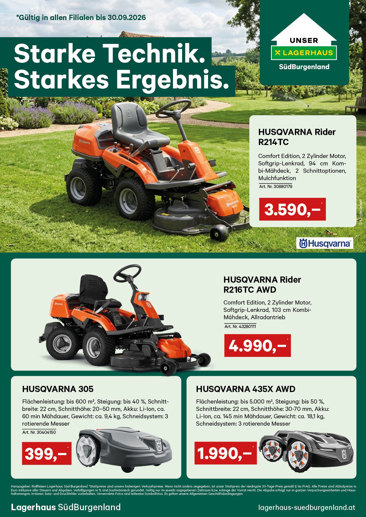 An advertisement for Husqvarna lawn mowers featuring four models with specifications and prices. The top model is the Husqvarna Rider R214TC, priced at 3,590, followed by the Husqvarna Rider R216TC AWD at 4,990. The Husqvarna 305 and Husqvarna 435X AWD are also featured.