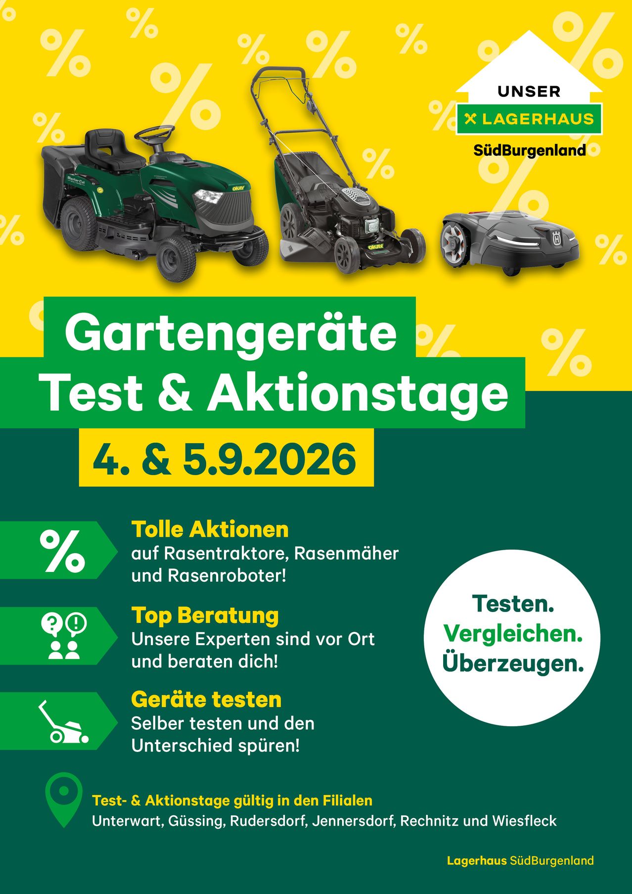 An advertisement for a garden equipment test and action stage on September 4th and 5th, 2026, featuring lawn mowers and lawn robots with a focus on testing and expert advice.