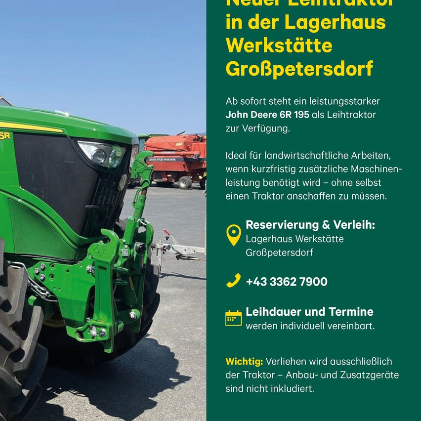 An advertisement for a John Deere 6R 195 tractor available for rent at Lagerhaus Werkstatte Großpetersdorf, highlighting its suitability for agricultural tasks.