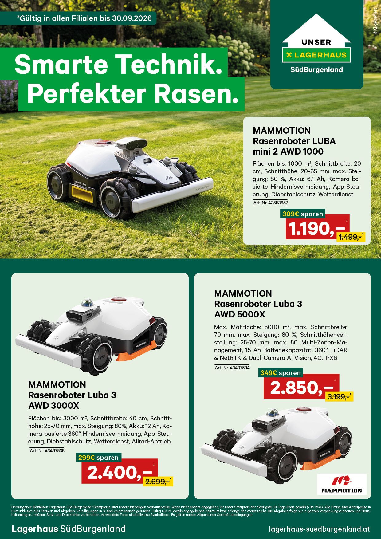 Advertisement for a lawn mowing robot with three models displayed. The top model is the MAMMOTH Rasenroboter LUBA mini 2 AWD 1000, covering up to 1000 square meters. The middle model is the MAMMOTH Rasenroboter LUBA 3 AWD 5000X, covering up to 5000 square meters. The bottom model is the MAMMOTH Rasenroboter LUBA 3 AWD 3000X, covering up to 3000 square meters. All models have various features like battery life, camera-based obstacle avoidance, and weather resistance.