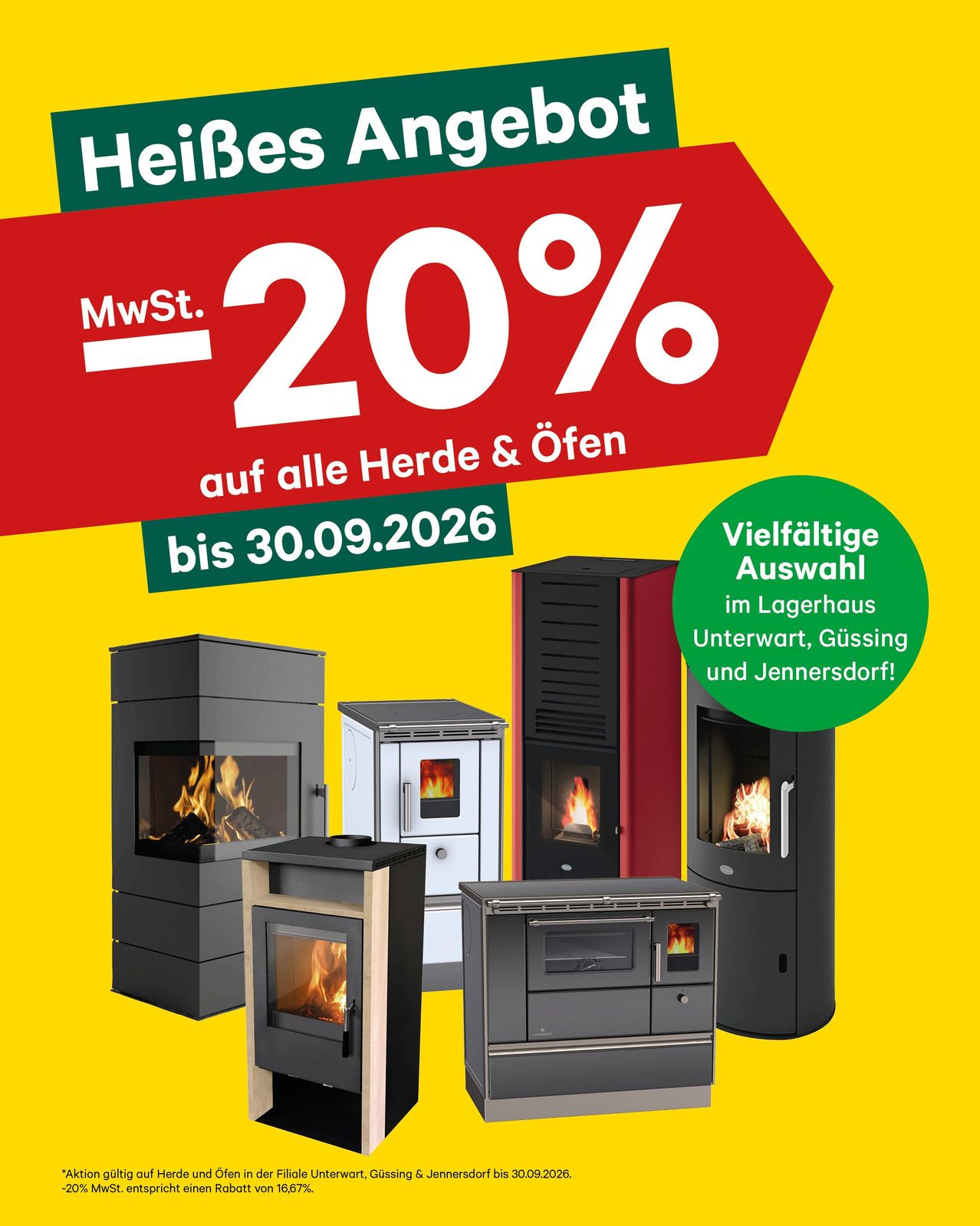 Advertisement for a heating offer with a 20% discount on all stoves and fireplaces until September 30, 2026. Multiple models are displayed with glowing fires.